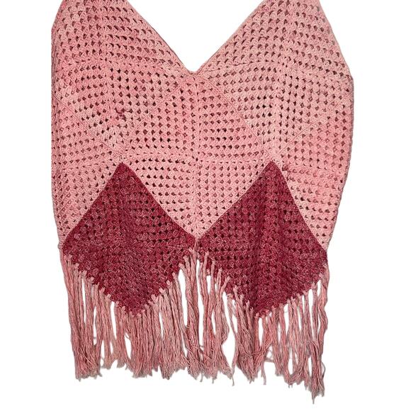 Handmade Pink Crochet Open Knit Fringe Hem Boho Festival Tank Top Size XS - Picture 2 of 5